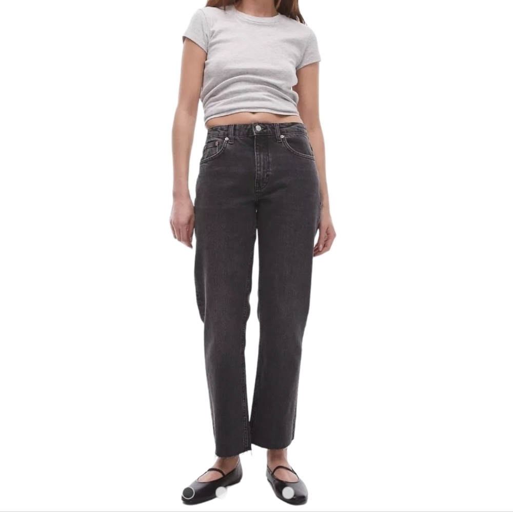 Topshop Black Straight Leg Raw Hem Denim Jeans Size 34" W x 28" L